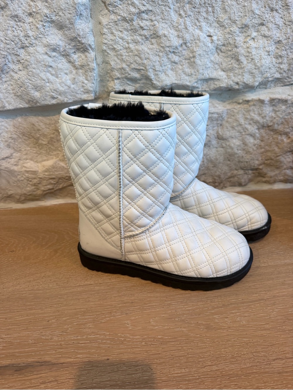 UGG Quilted White Ankle Booties with Black Fur Trim
